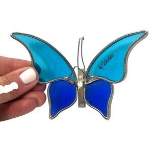 Valentien Blue Silver Butterfly Glass Suncatcher For Decor
